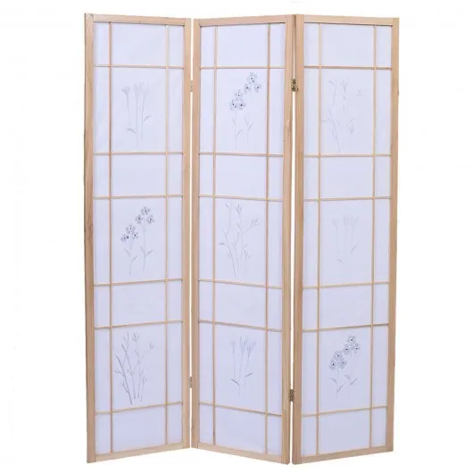 3 Panels Printing Flower Solid Wood Room Screen-Natrual