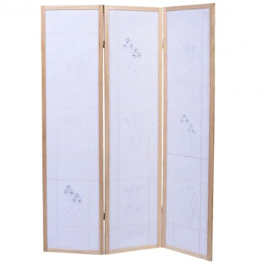 3 Panels Printing Flower Solid Wood Room Screen-Natrual