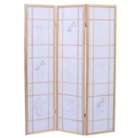 3 Panels Printing Flower Solid Wood Room Screen-Natrual