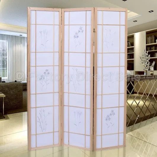 3 Panels Printing Flower Solid Wood Room Screen-Natrual