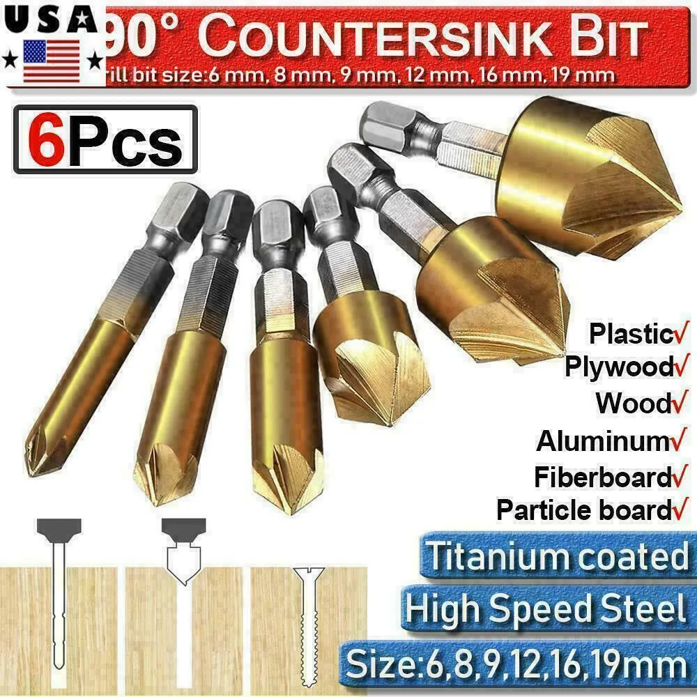 6Pcs Countersink Drill Bit Set 1 4 Hex Shank HSS Woodworking Pilot Screw Holes