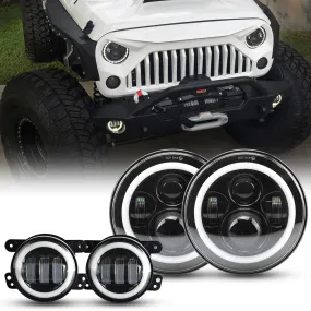 7 inch 80W Jeep Headlights With DRL and Turn Signal Lights & 4'' 30W Cree LED Halo Fog Light