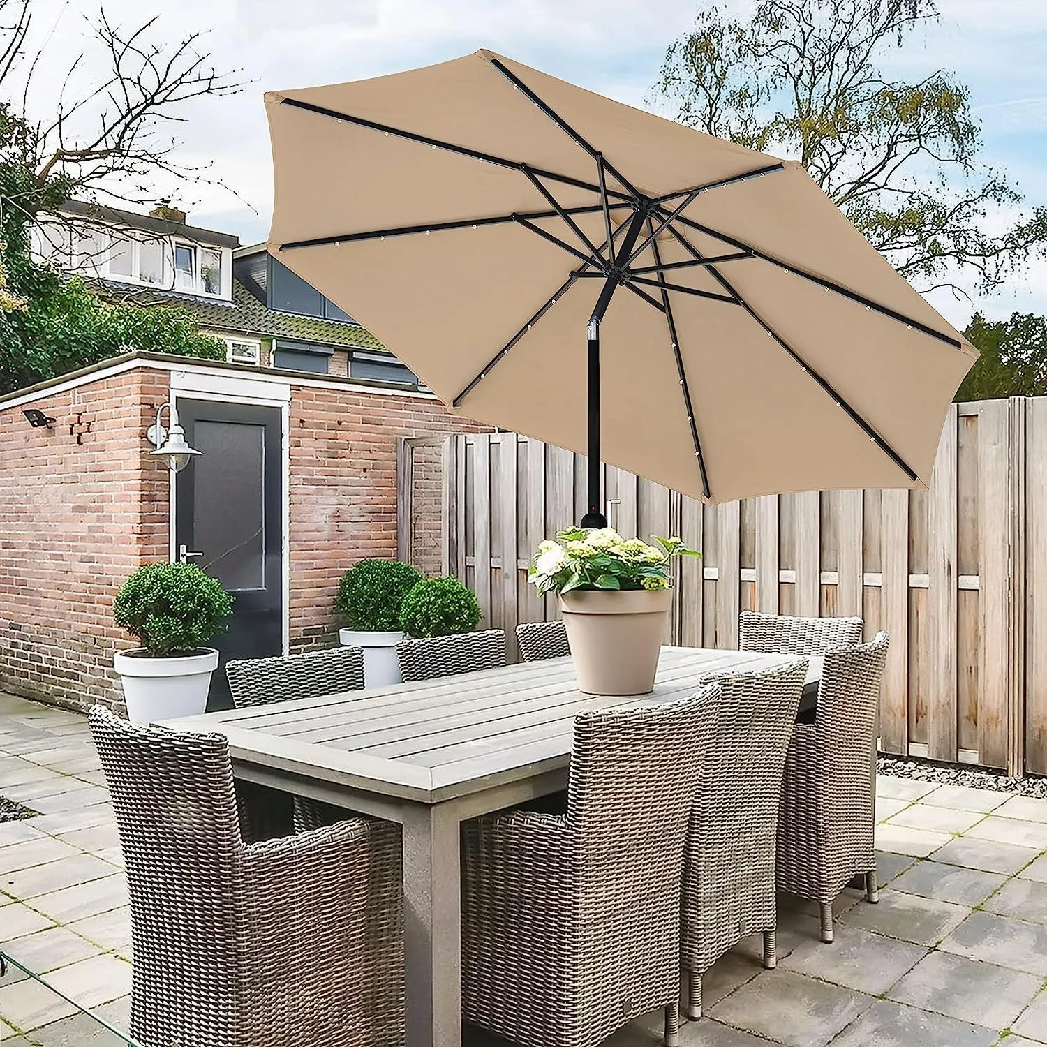 9' Tan Solar-Powered Patio Umbrella