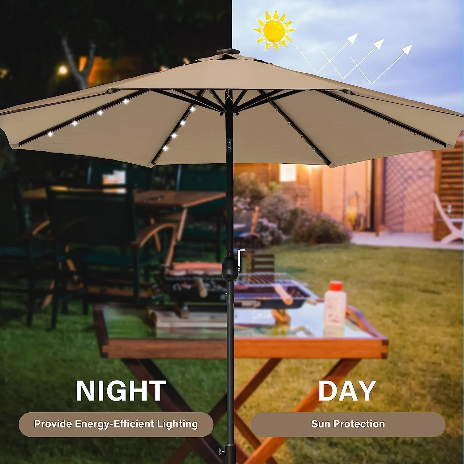 9' Tan Solar-Powered Patio Umbrella