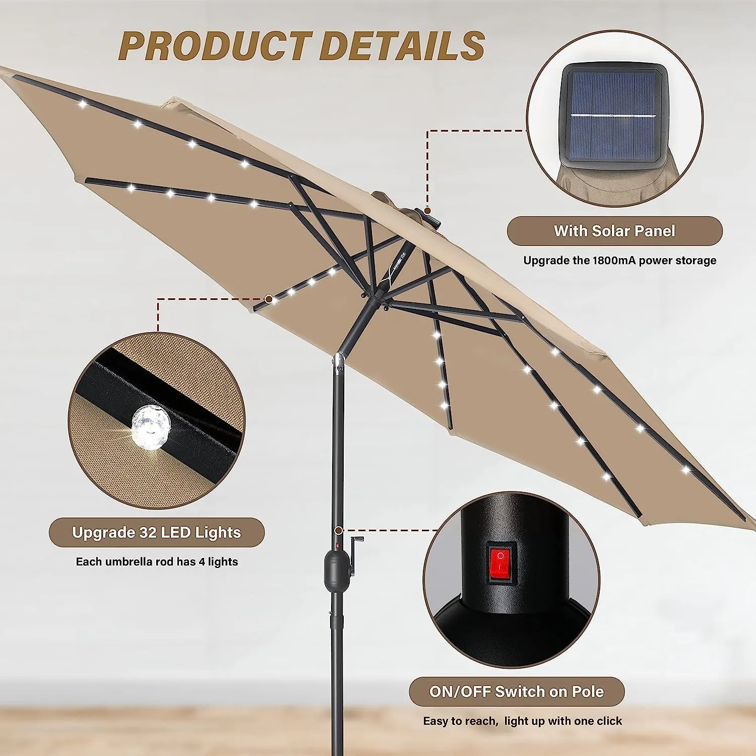 9' Tan Solar-Powered Patio Umbrella