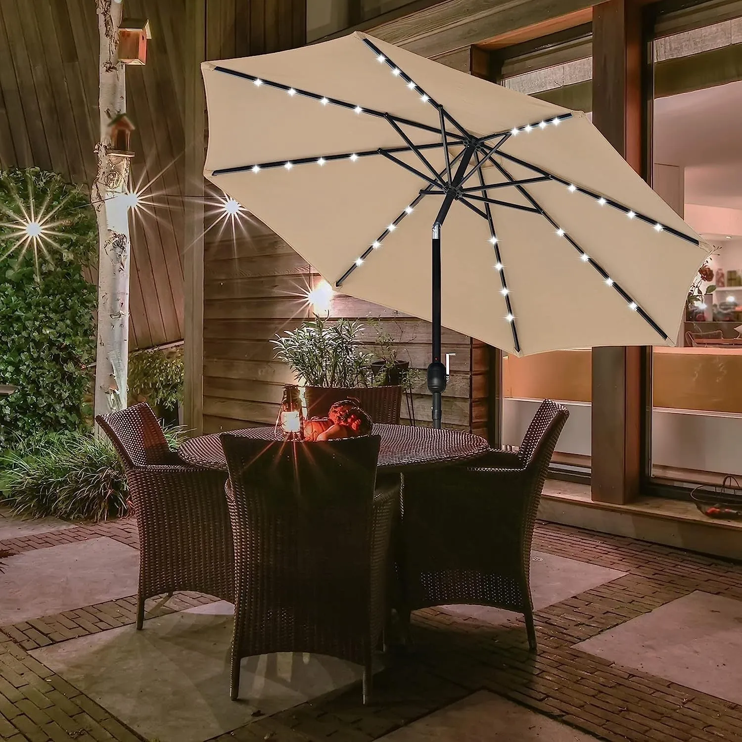 9' Tan Solar-Powered Patio Umbrella