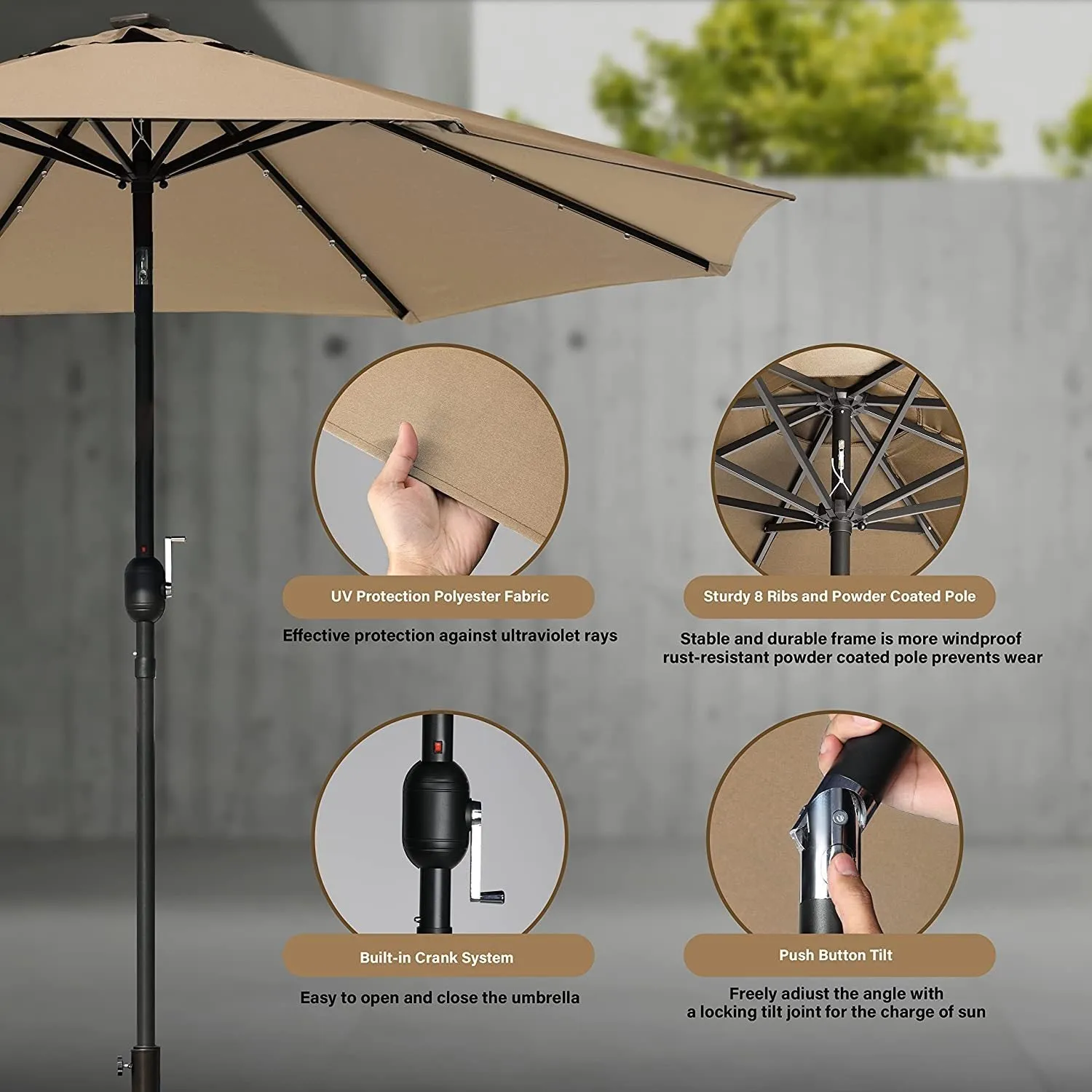 9' Tan Solar-Powered Patio Umbrella