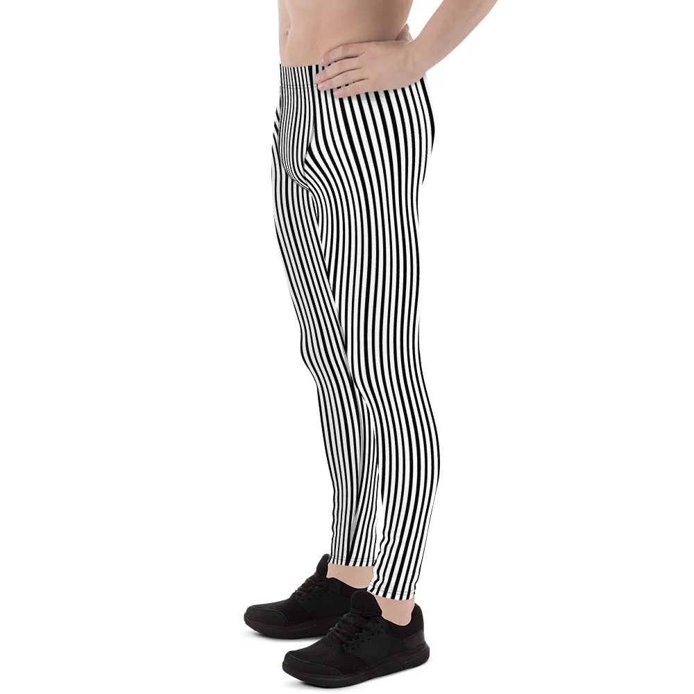 Black Striped Print Designer Meggings, Black and White Vertical Stripes Premium Men's Gym Leggings -Made in USA/EU