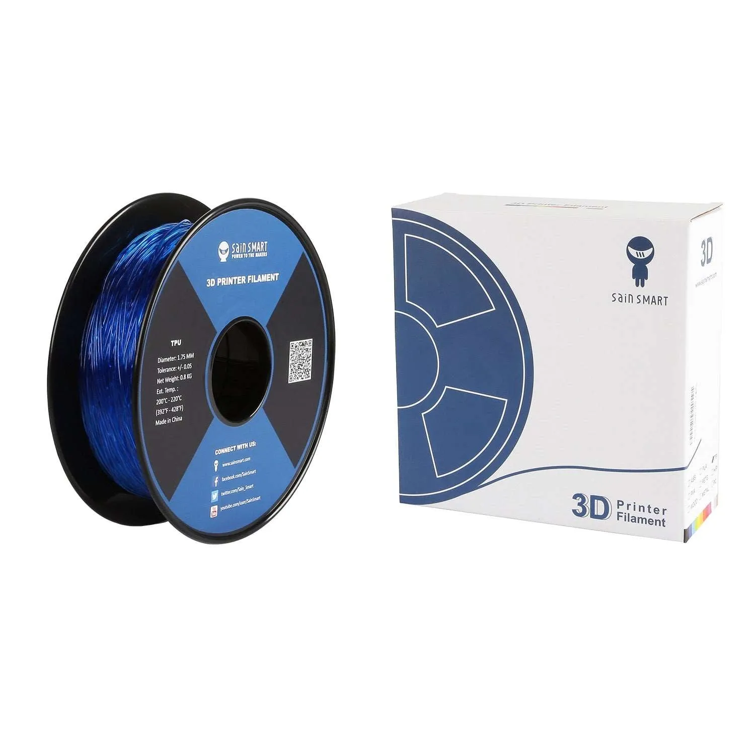 Blue, Flexible TPU Filament 1.75mm 0.8kg/1.76lb