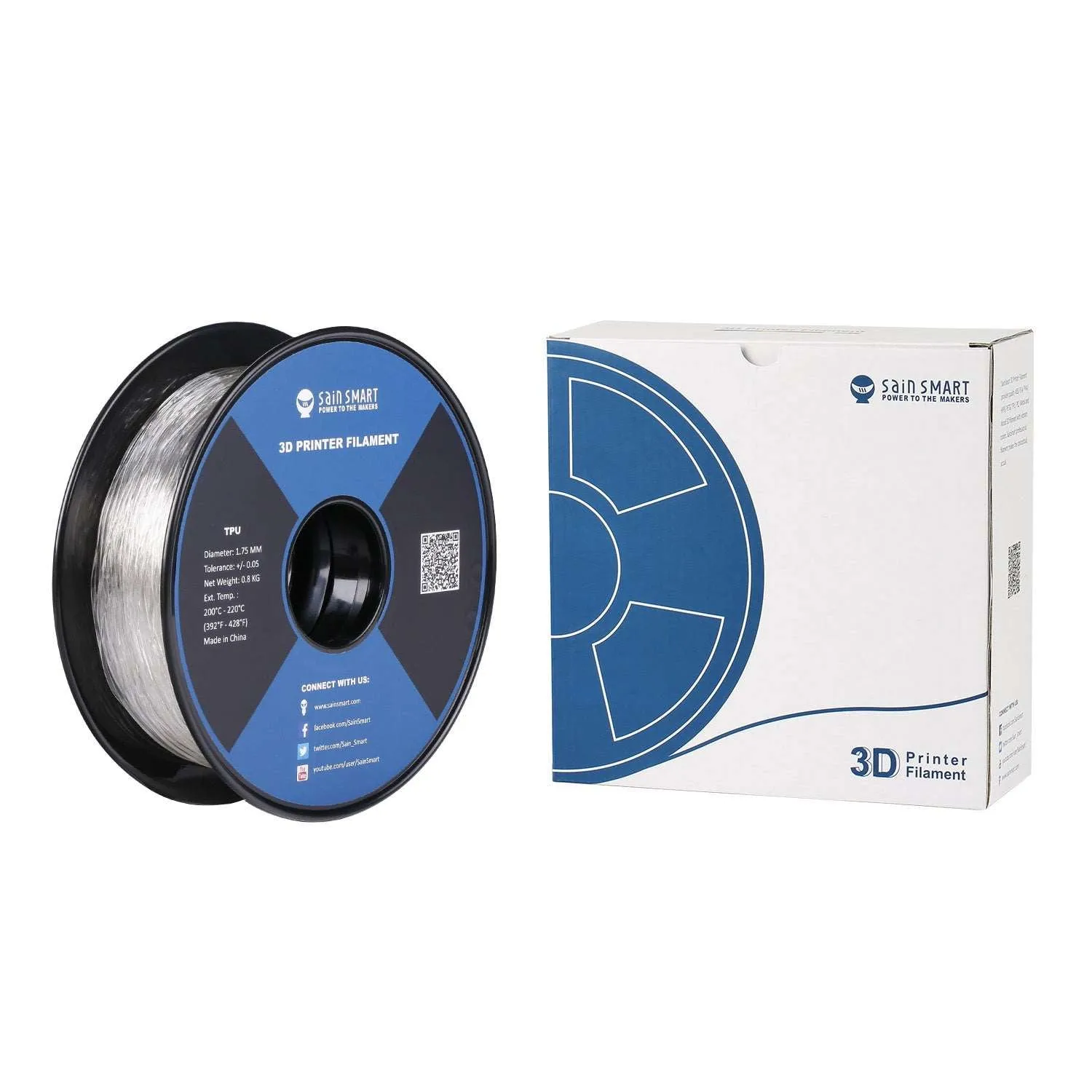 Clear, Flexible TPU Filament 1.75mm 0.8kg/1.76lb