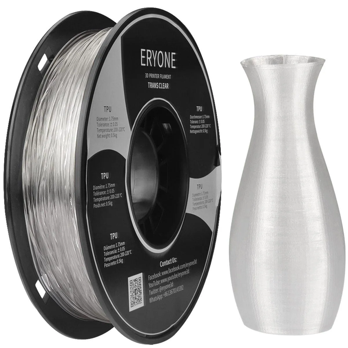 ERYONE TPU Filament 500g 0.5kg 1.75mm 3D Printer Filament White Black Blue Red Clear Make Bendy Models