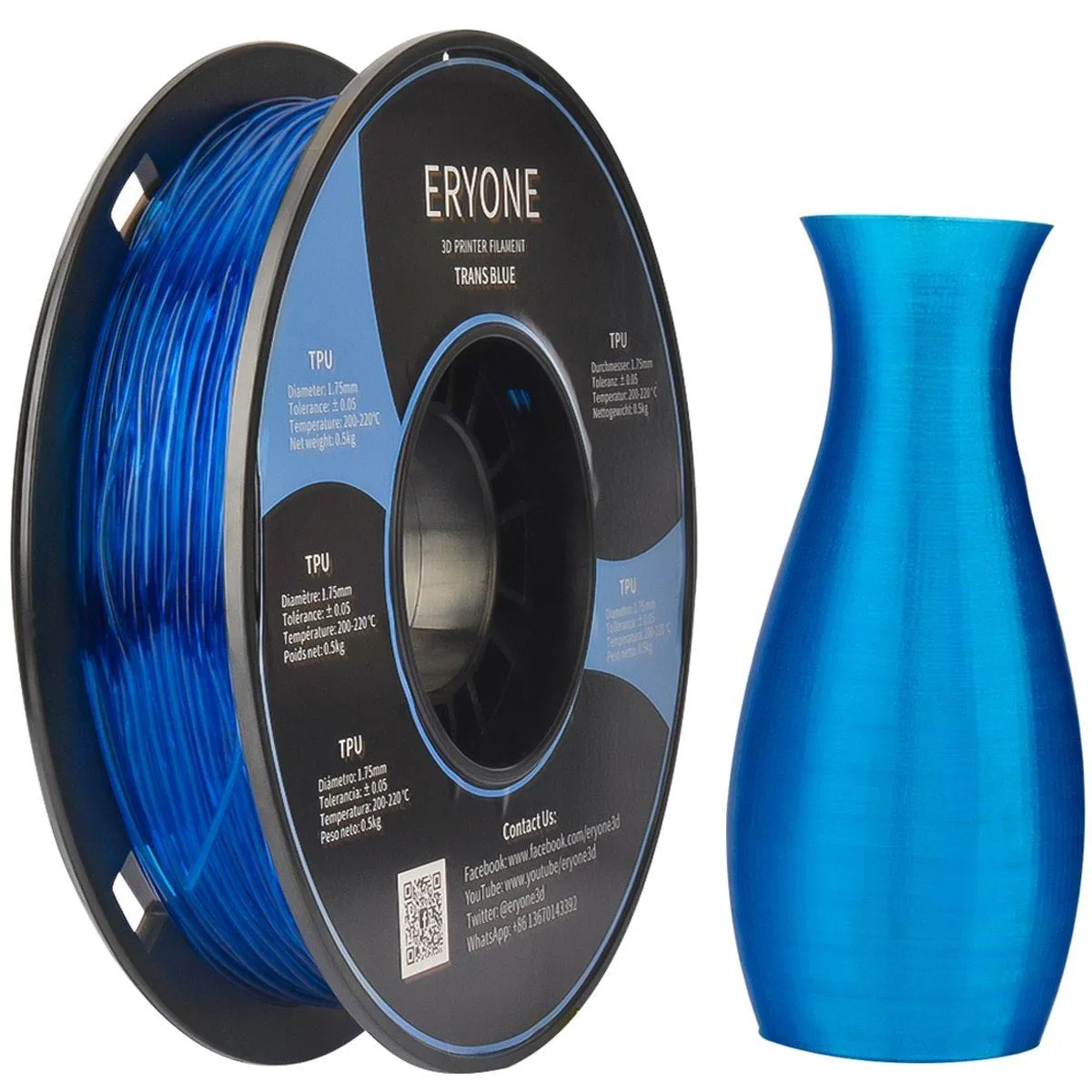 ERYONE TPU Filament 500g 0.5kg 1.75mm 3D Printer Filament White Black Blue Red Clear Make Bendy Models