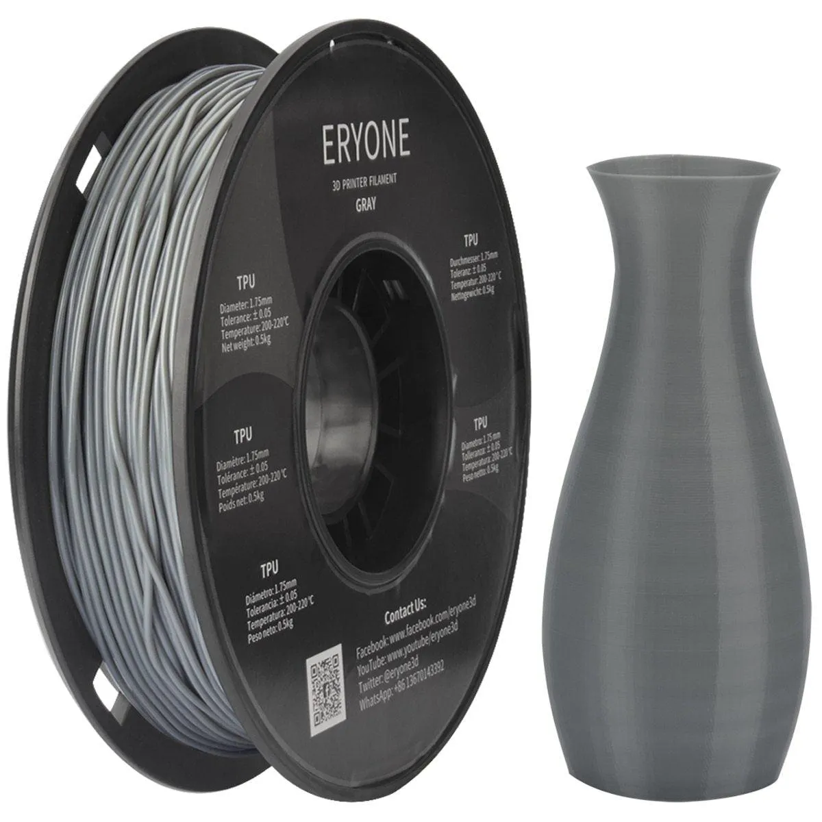 ERYONE TPU Filament 500g 0.5kg 1.75mm 3D Printer Filament White Black Blue Red Clear Make Bendy Models