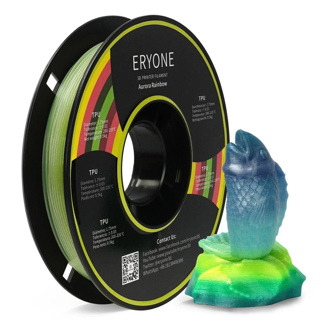 ERYONE TPU Rainbow Flexible Filament 0.5kg 500g 1.75mm ±0.05mm for FDM 3D Printer Make Multi Colour Bendy Models