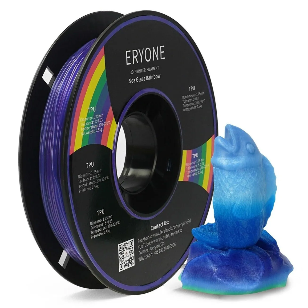 ERYONE TPU Rainbow Flexible Filament 0.5kg 500g 1.75mm ±0.05mm for FDM 3D Printer Make Multi Colour Bendy Models