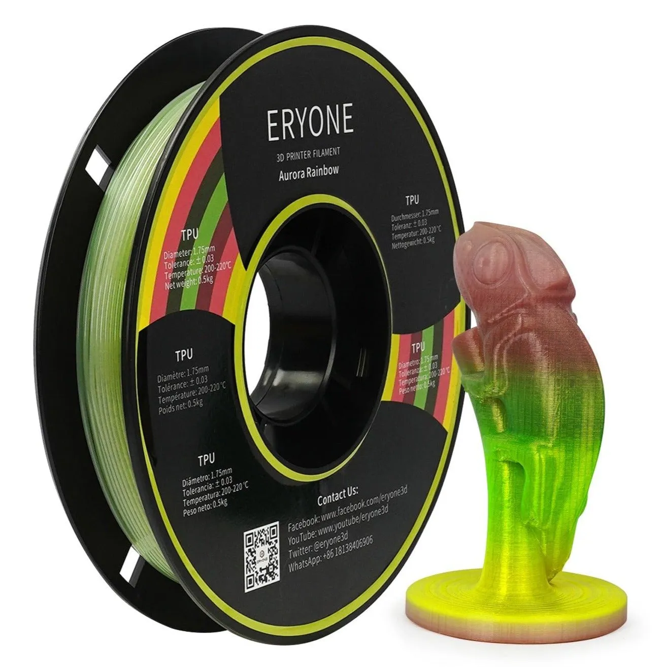 ERYONE TPU Rainbow Flexible Filament 0.5kg 500g 1.75mm ±0.05mm for FDM 3D Printer Make Multi Colour Bendy Models