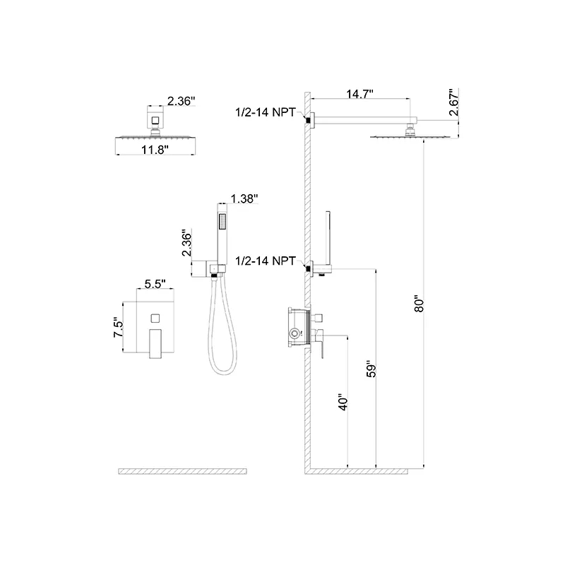 Giving Tree 12" Wall Mount Square Shower Systems with Head Shower & Hand Shower Combo Set