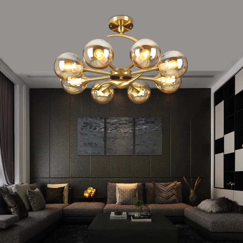 Modern Glass Chandelier Light with Brass Finish for Living Room