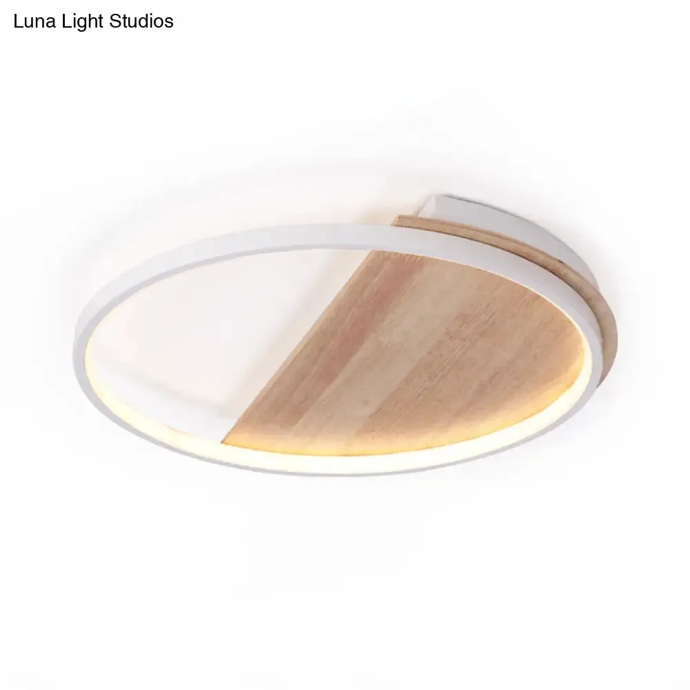 Nordic Style Natural Wood LED Flush Ceiling Light Fixture for Bedroom - Half Round Design, 16.5"/21" Dia