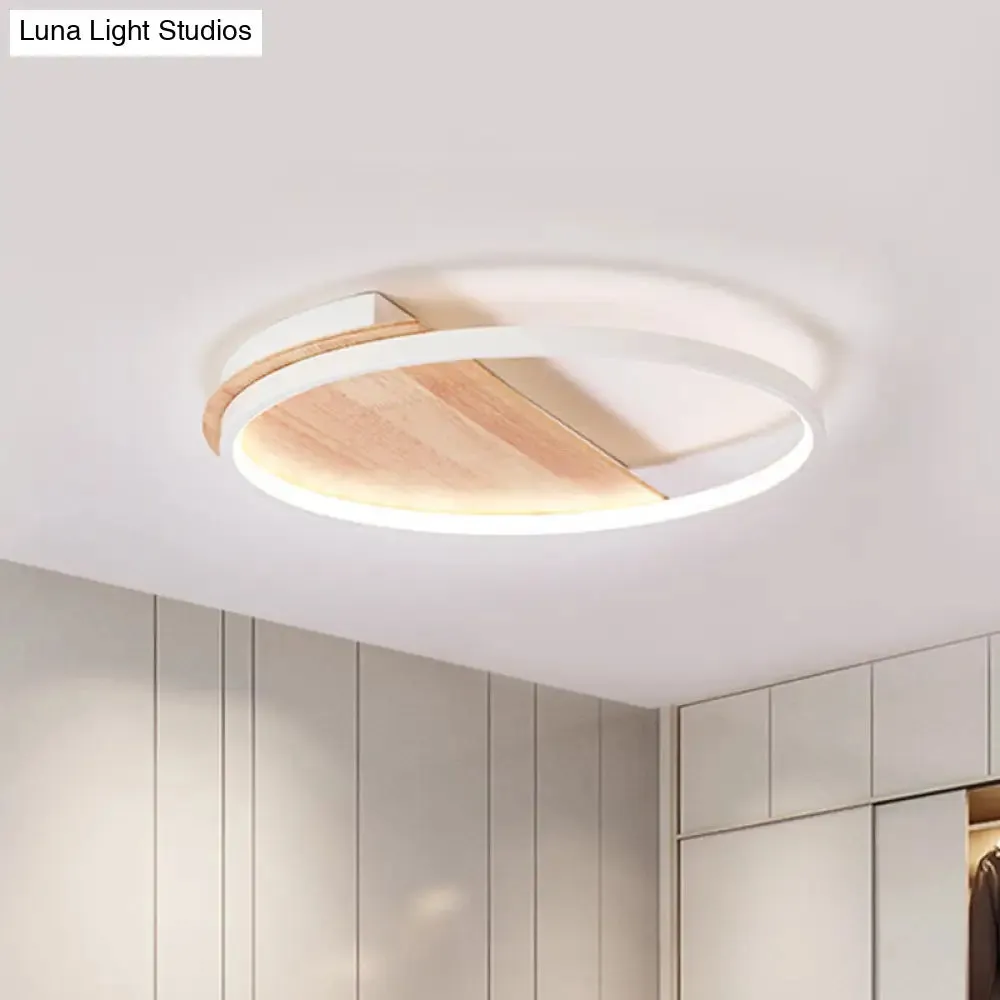 Nordic Style Natural Wood LED Flush Ceiling Light Fixture for Bedroom - Half Round Design, 16.5"/21" Dia