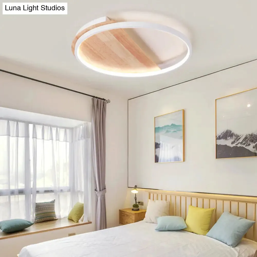 Nordic Style Natural Wood LED Flush Ceiling Light Fixture for Bedroom - Half Round Design, 16.5"/21" Dia