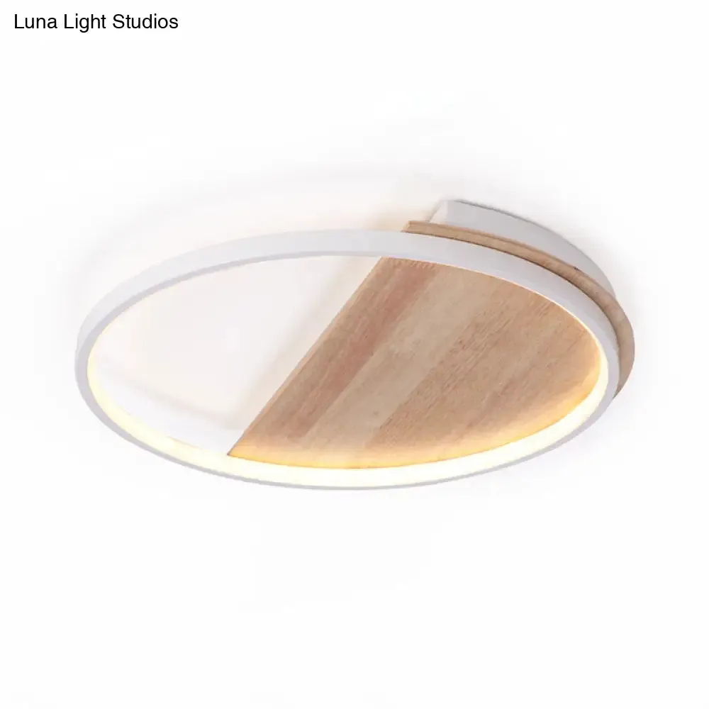 Nordic Style Natural Wood LED Flush Ceiling Light Fixture for Bedroom - Half Round Design, 16.5"/21" Dia