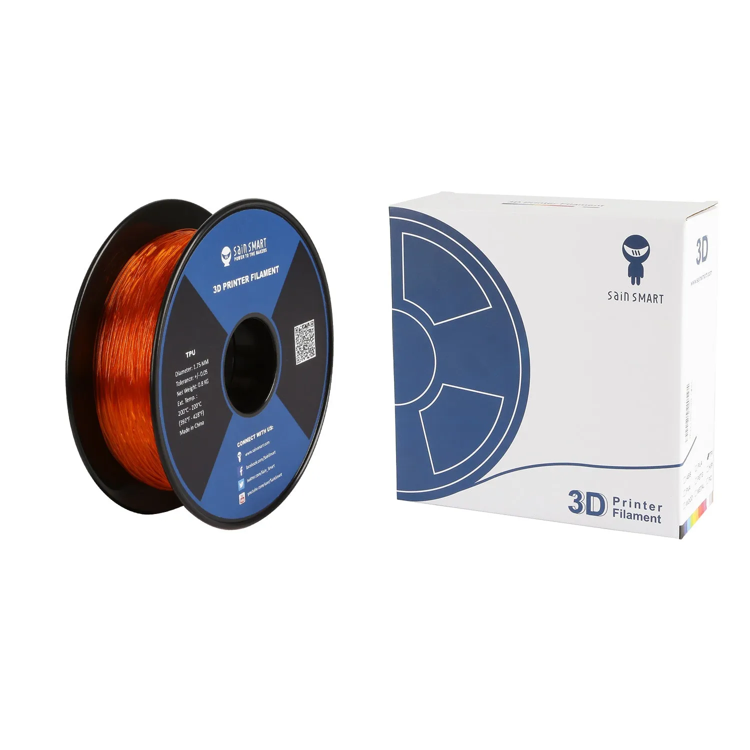 Orange, Flexible TPU Filament 1.75mm 0.8kg/1.76lb