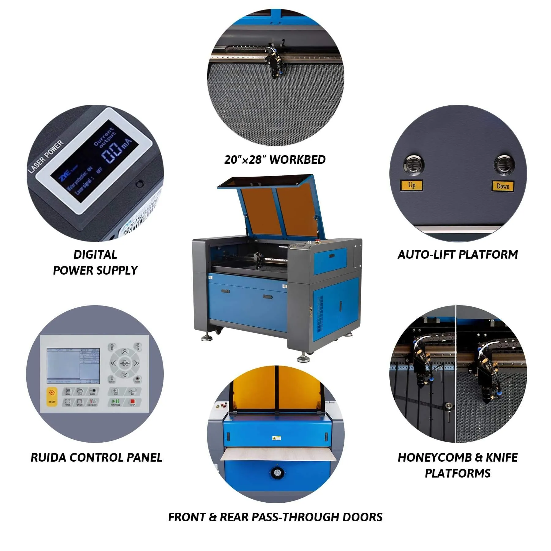 Pre-Owned ZF2028-60 - 60W CO2 Laser Engraver Cutting Machine with 20” x 28” Working Area with Digital Laser Power Supply (Motorized Z)