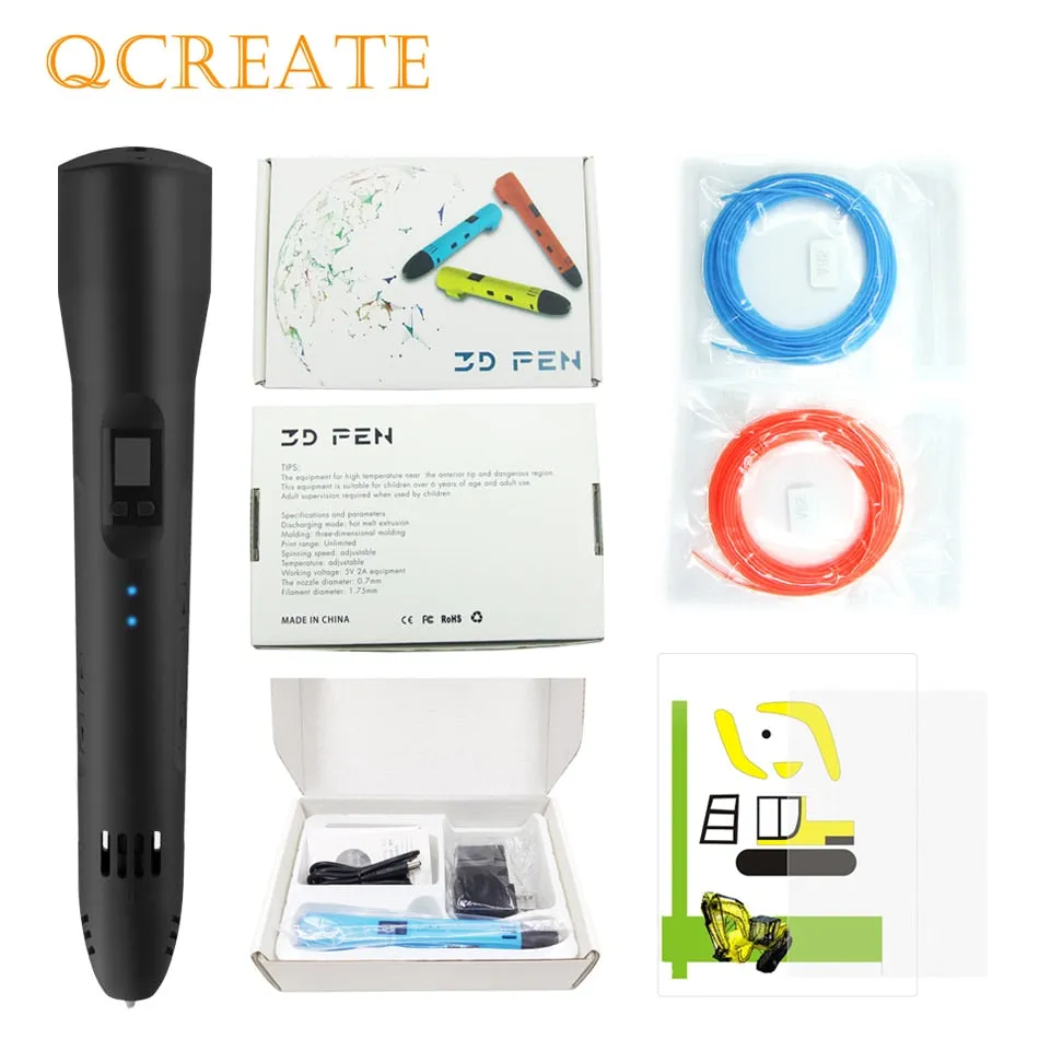 QCREATE ABS/PLA dual mode 3D Printing Pen LCD display 3Doodler Scribble Pen Speed Temperature adjustable free 10M PLA filament