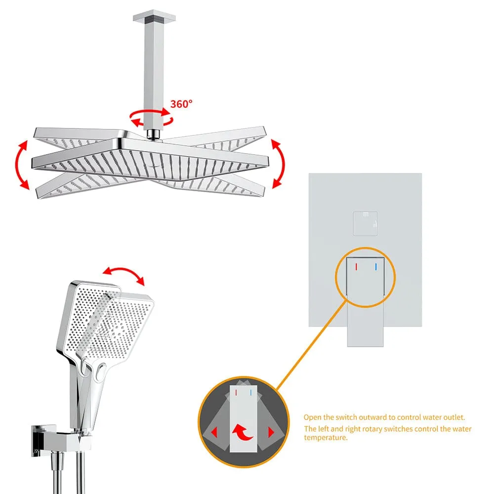 Shower Set 14.2" Rectangular Ceiling Shower Head with 3 Functions Hand Shower