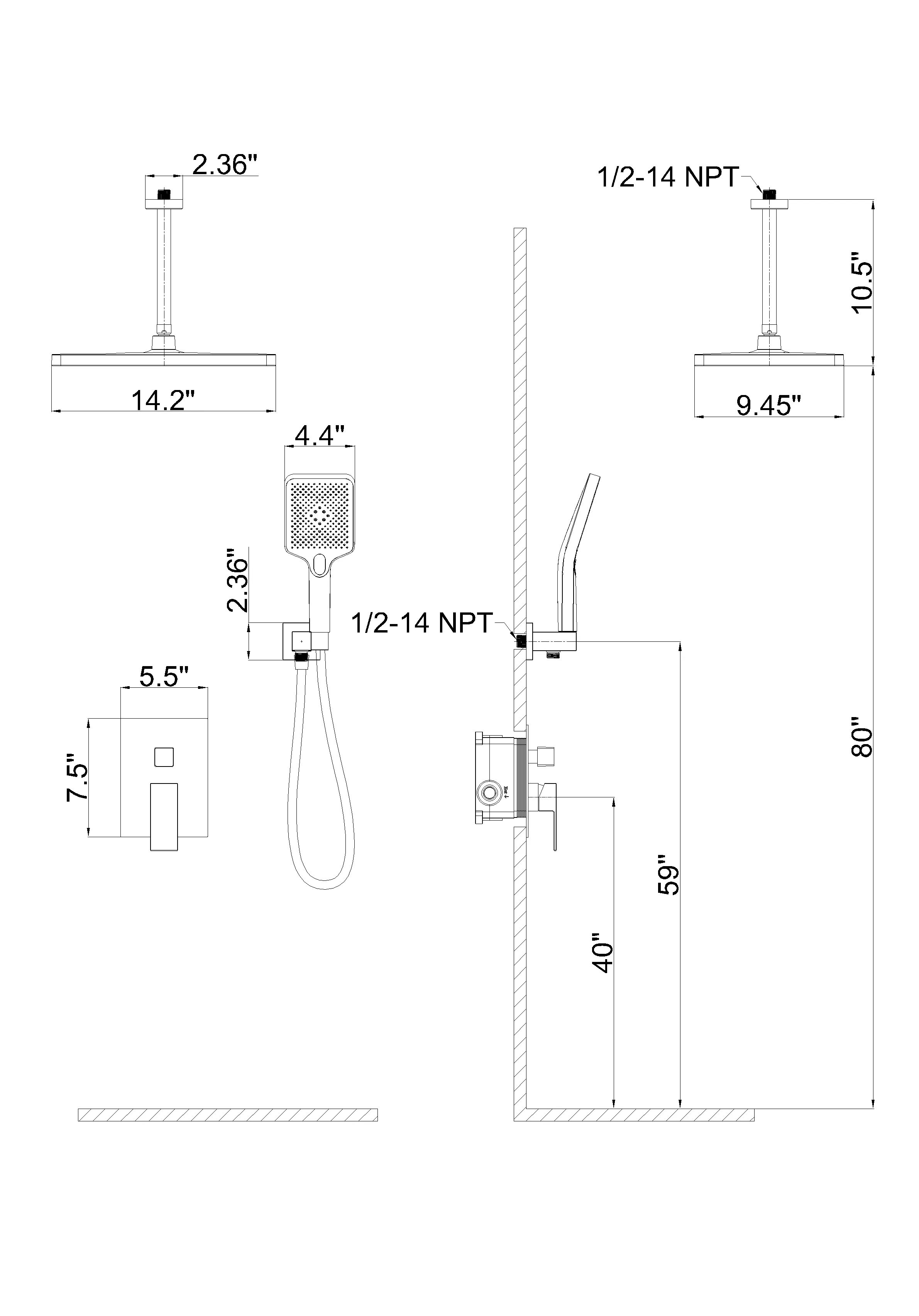 Shower Set 14.2" Rectangular Ceiling Shower Head with 3 Functions Hand Shower