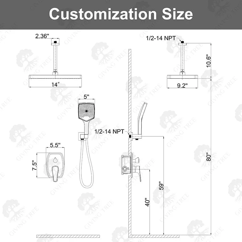 Shower Set 14" Rectangular Ceiling Shower Head with Hand Shower