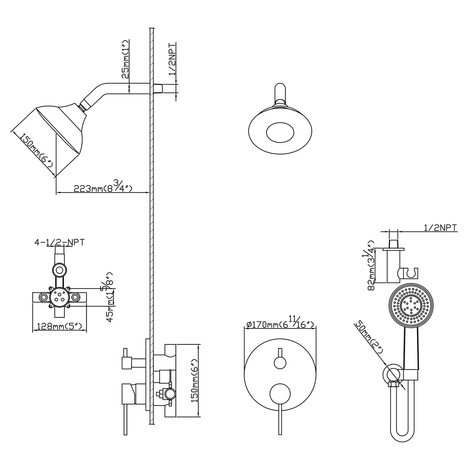 Wall Mount Rainfall Shower System with 5-function ShowerHead RB0865